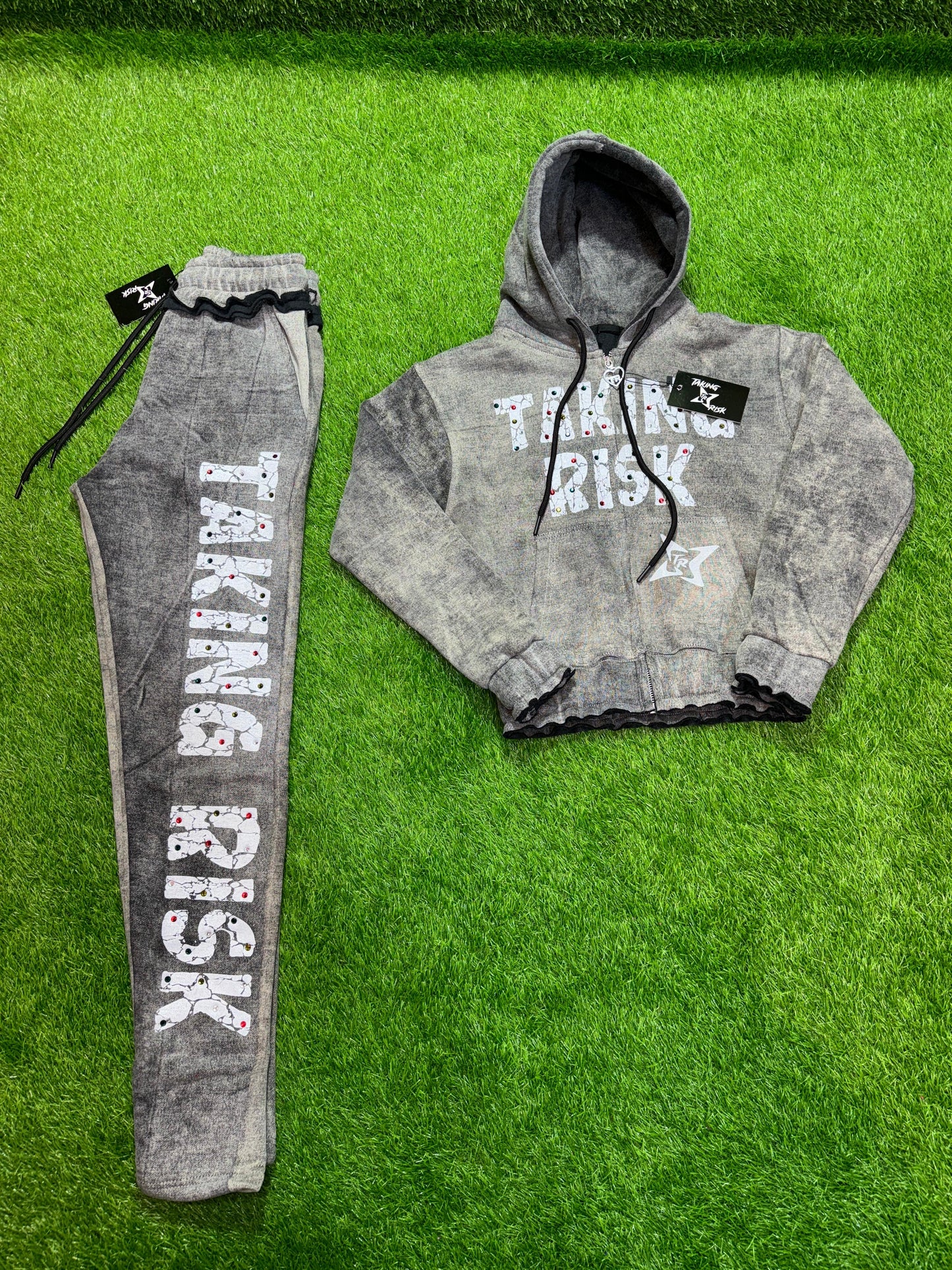 Women Cropped Rhinestone Sweatsuit