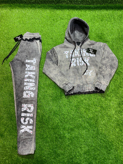 Women Cropped Rhinestone Sweatsuit