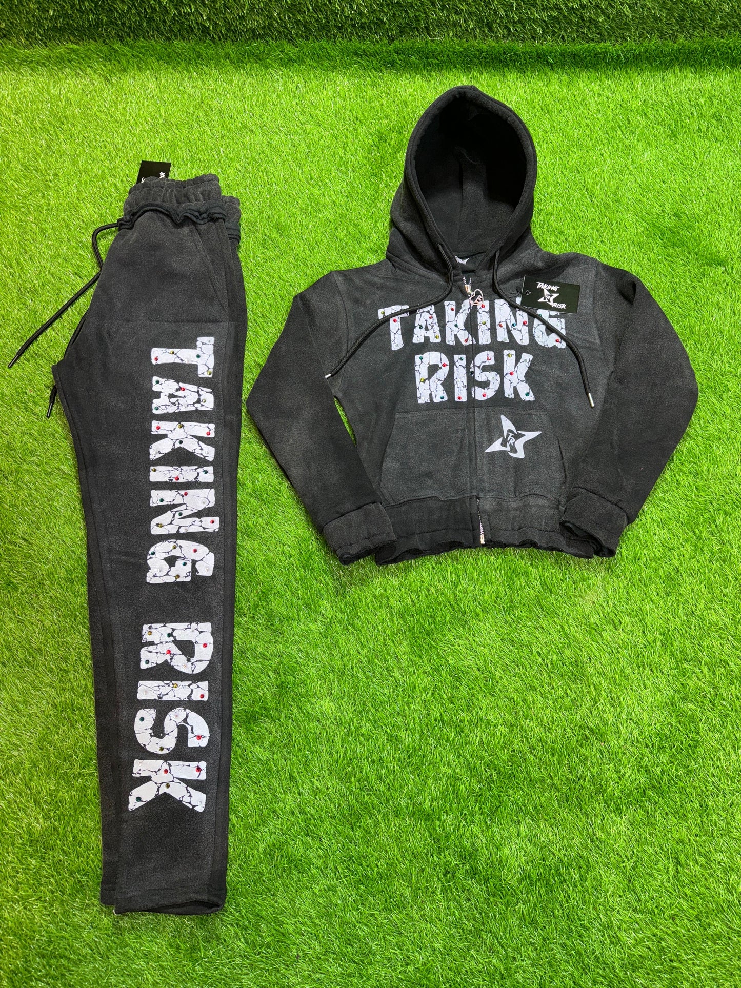 Women Cropped Rhinestone Sweatsuit